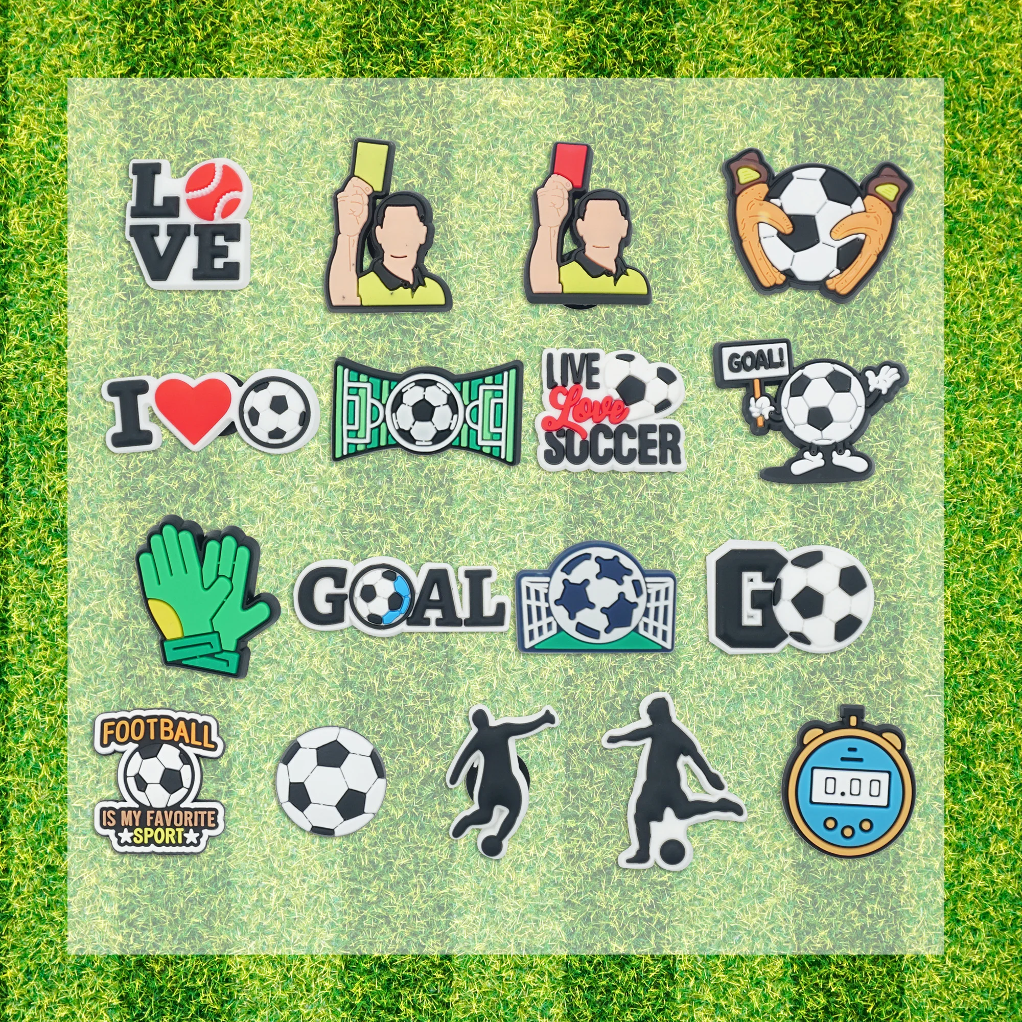 

Soccer-Themed Shoe Charms Set - 16 Pieces Featuring Fun Football Designs Shoe Decorations for Clogs Sandals Shoe Charm Accessori