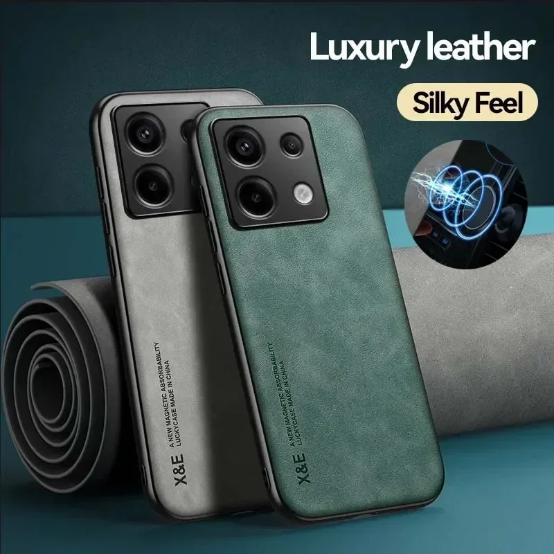 Luksusowe skórzane etui do Redmi Note 14 13 Pro Plus 12 11 Pro Poco X6 X5 F5 F6 14T 13T Pro Cover z metalową płytką Support Car Hold