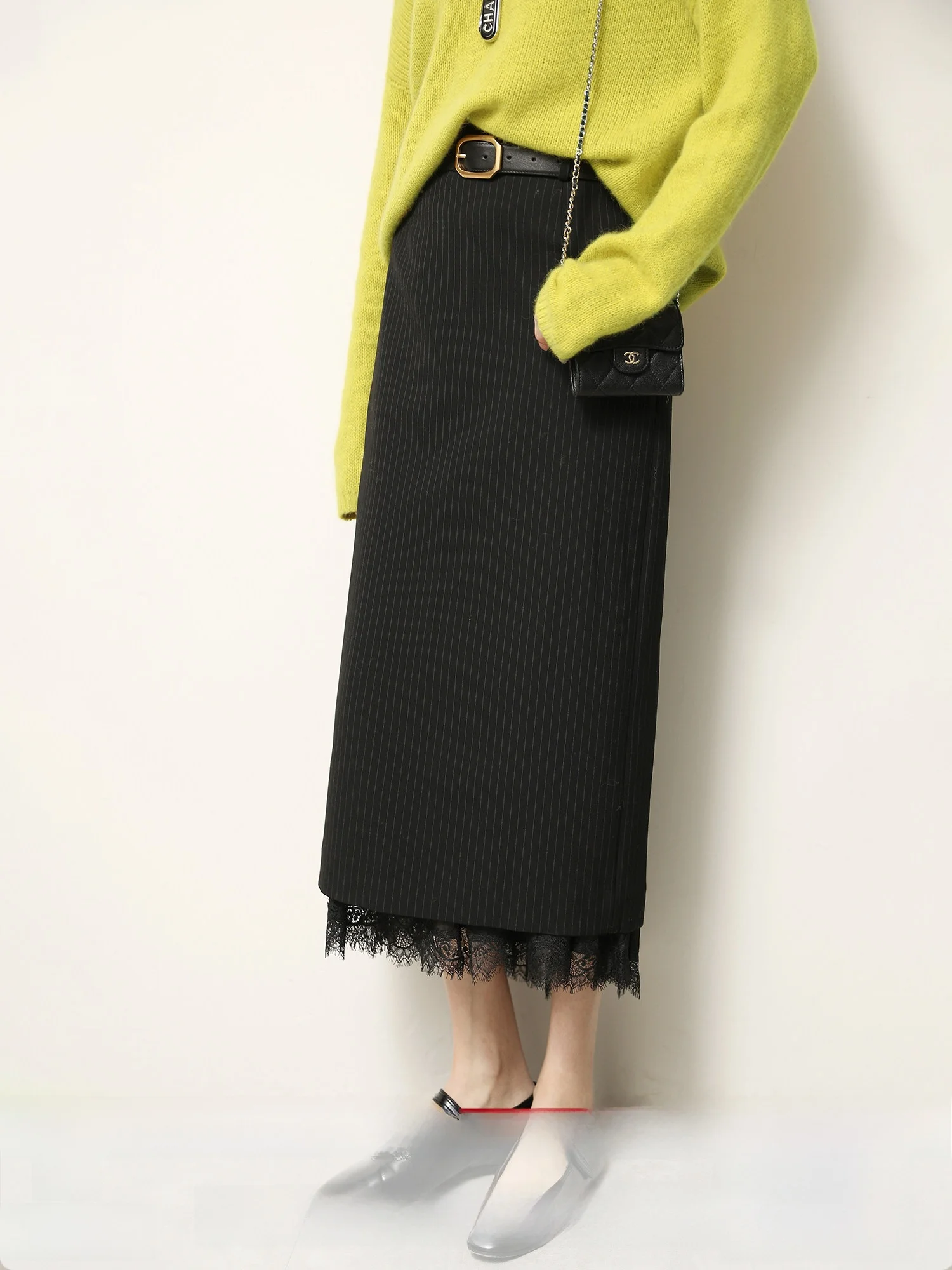 

Ele Lace Splicing Midi Skirt for Women in Bla Straight Cut Slimming f-length Casual Sle with Inner