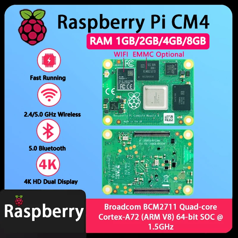 

Raspberry Pi CM4 1GB/2GB/4GB/8GB RAM BCM2711 quad-core CortexA7264 Rpi ComputeModule 4 4GB/8GB/16GB/32GB EMMC Wifi Optional