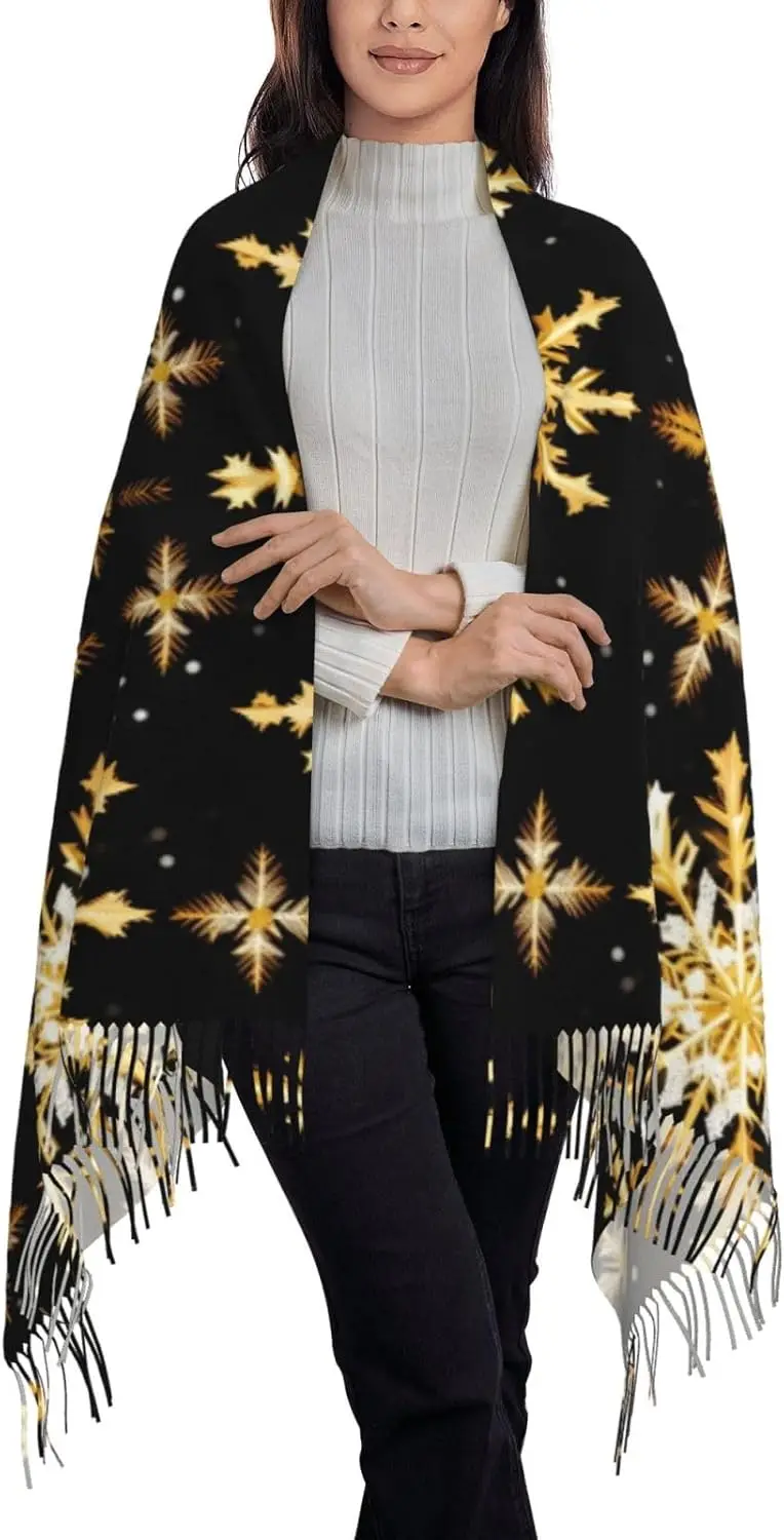 Golden Christmas Snowflake Print Tassel Scarf For Women Men Soft Scarf Shawl For Winter Fashion Lightweight Scarf Shawl view 3