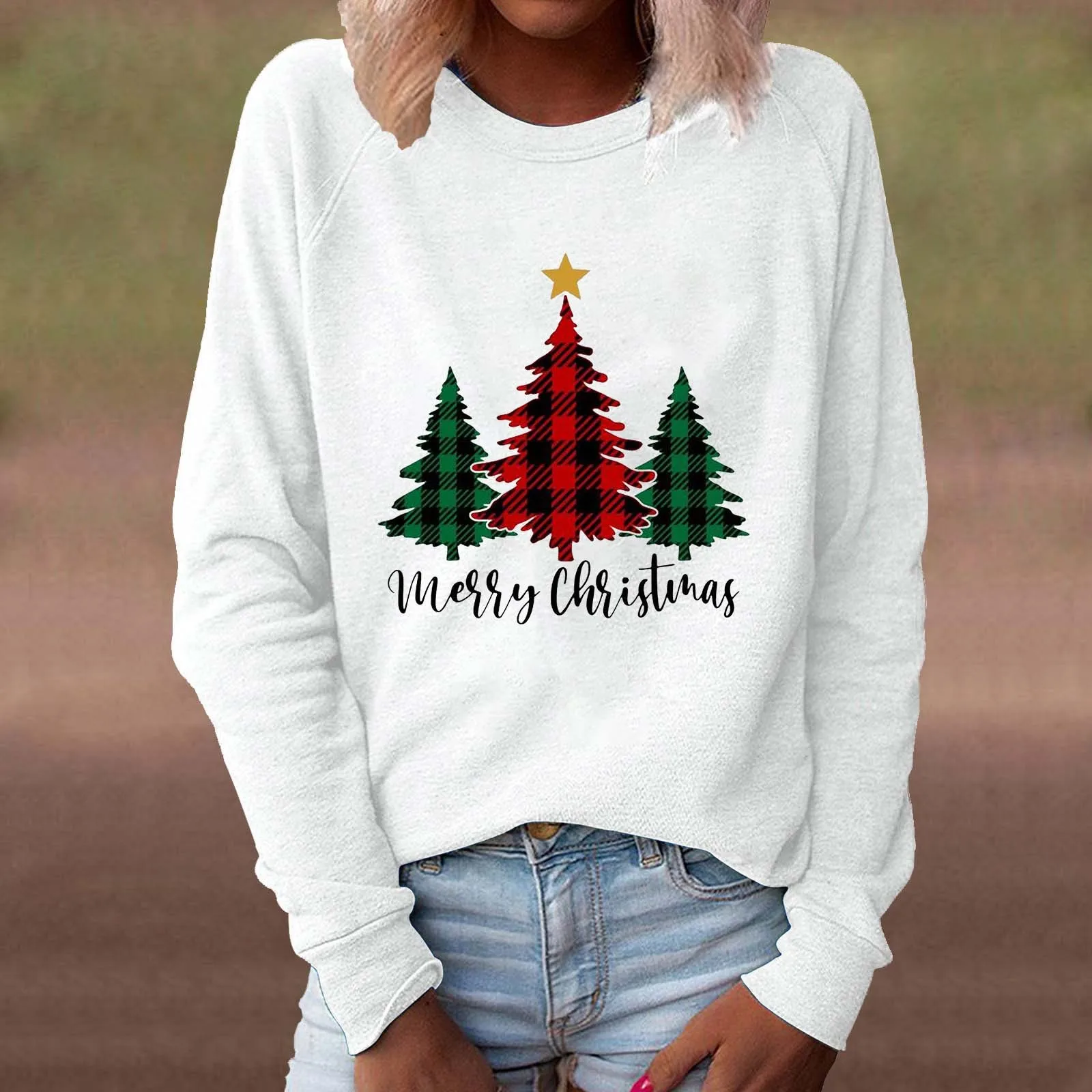 

Drawstring Waist Sweatshirt Women Women's Christmas Tree Print Round Neck Long Sleeve Sweatshirt With Fleece Warm Sweater