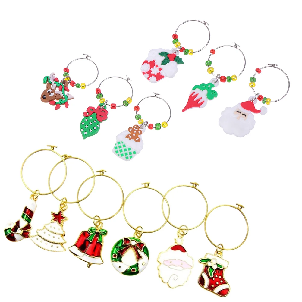 

12 Pcs Glass Charms Set Christmas Drink Tags Reusable Santa Elk Snowman Glass Marker Identifiers Bar Tools
