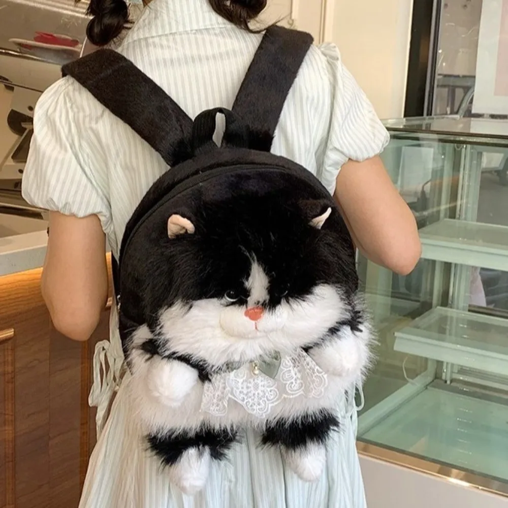Casual Soft Fluffy Cat Backpack Large Capacity Polyester Lining Rucksack Realistic 3D Shoulder Bag For Women