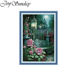 Joy Sunday Cross Stitch Kit Moonlight Rose Garden HD Pattern Printed Counted Fabric Aida 16/14/11CT DIY Embroidery Set New Hot