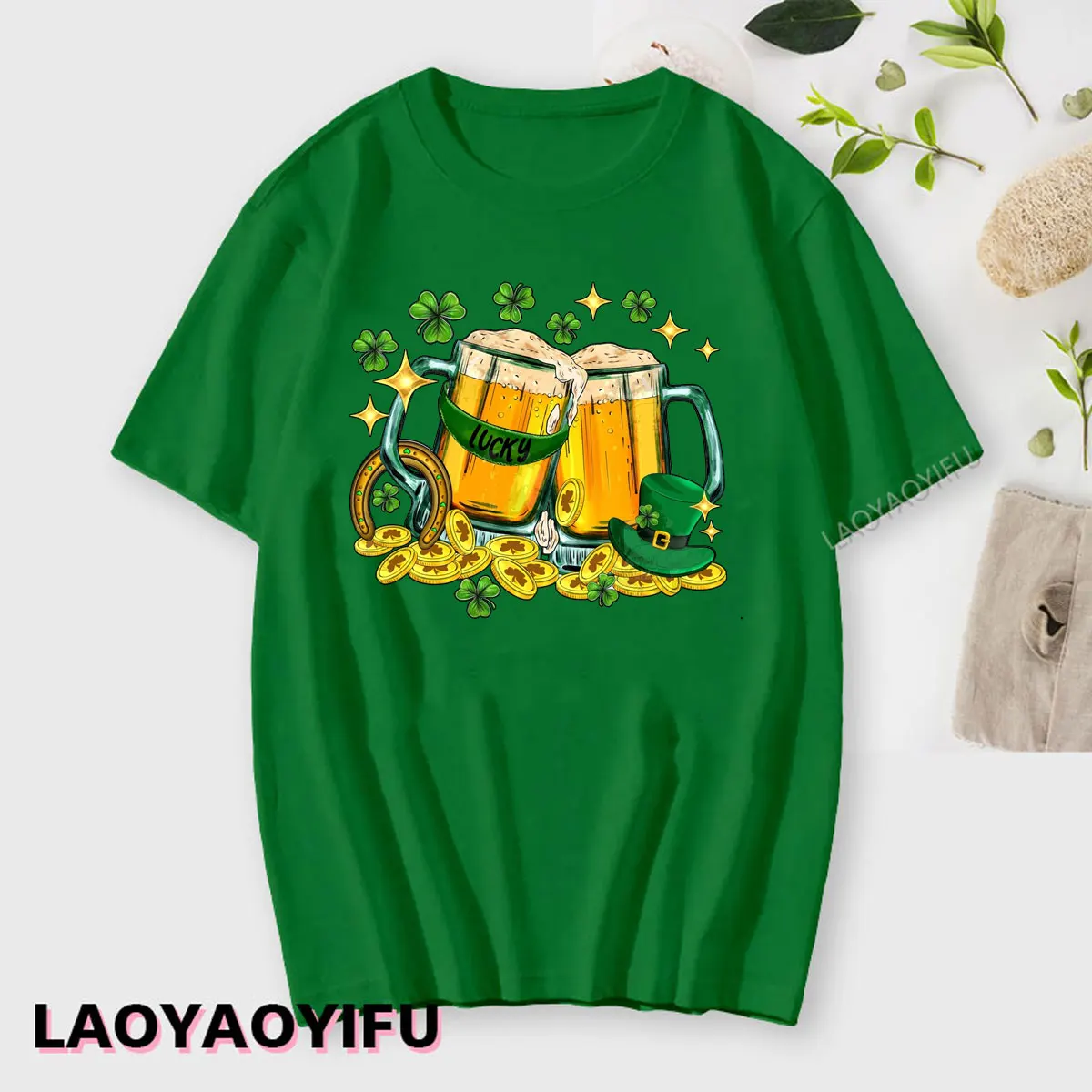 Beer & Shamrock Print Women's T-Shirt St. Patrick's Day Short Sleeve All-Match Casual Tees For Spring and Summer Unisex Clothing