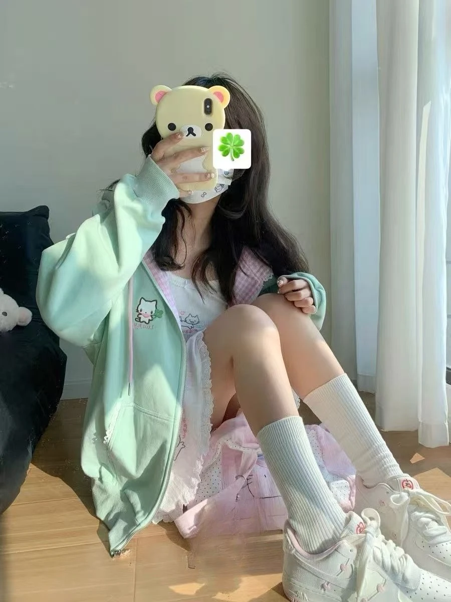 原宿風スイート長袖レースフード付きジャケット刺繍入りレディースカジュアルY2Kカワイイ漫画プリントジッパーコートアニメ2025秋