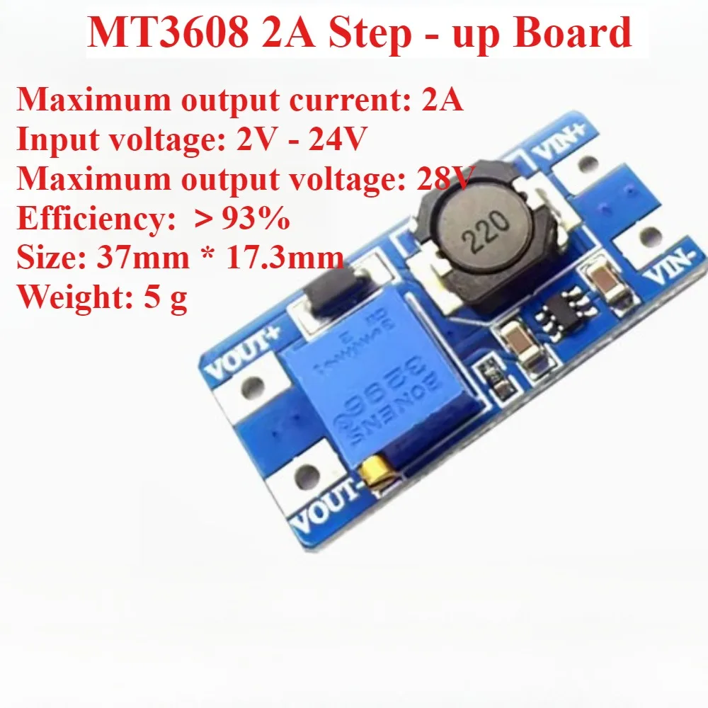 

MT3608 Boost Converter Module 2V-24V to 5V-28V Adjustable, 2A 1.2MHz DC-DC Step Up Power Supply for Solar/USB Charger/Drone, Min