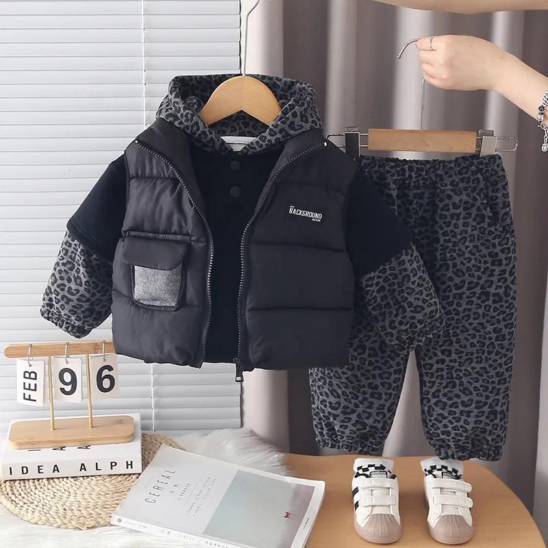 Boys Clothes Sets Winter Children Down Vest Thick Velvet Hoodies Coats Pants 3pcs Warm Suit For Baby Casual Tracksuits Kids 4 5Y