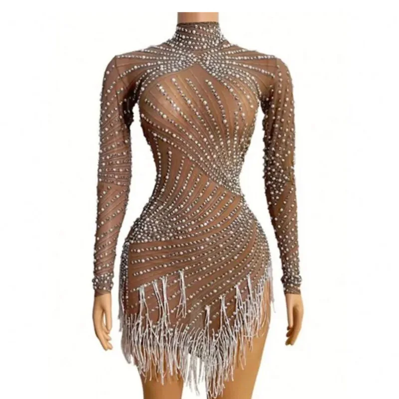 Tassel Mesh See Through Club Dress Sexy Celebrity Party Mini Dresses For Women Rhinestone Maternity Gown for photograph props