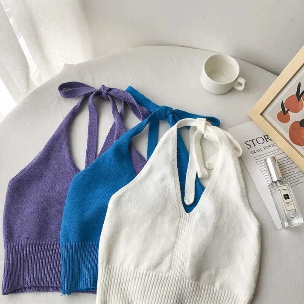 

Fashion Sleeveless Solid Color Halter Top Backless Knitting Halter Tank Top Average size Short Style Suspender Vest Photograph