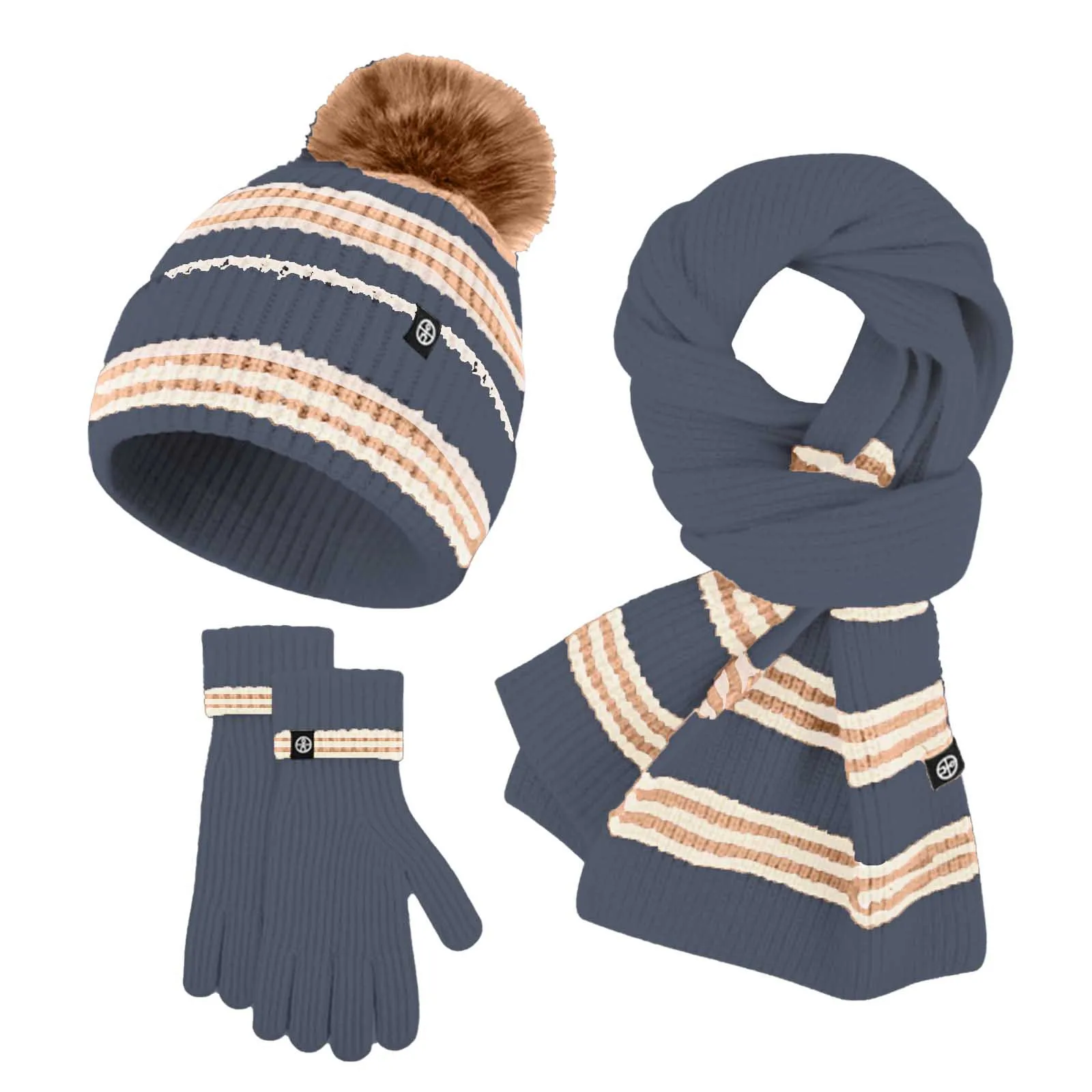 3Pcs Women Winter Beanie Hat Scarf Gloves Set Thick Warm Knit Hat with Pompom Striped Scarf Keep Warm Full Finger Mittens