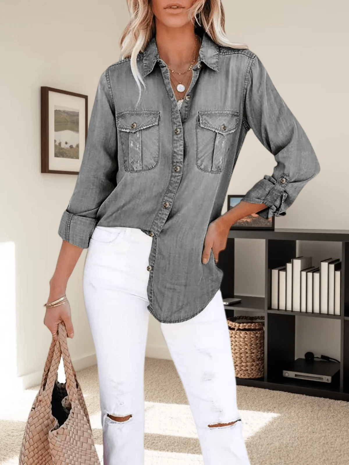 

Women Oversized Denim Shirt Long Sleeve Button Down Casual Tunic Top