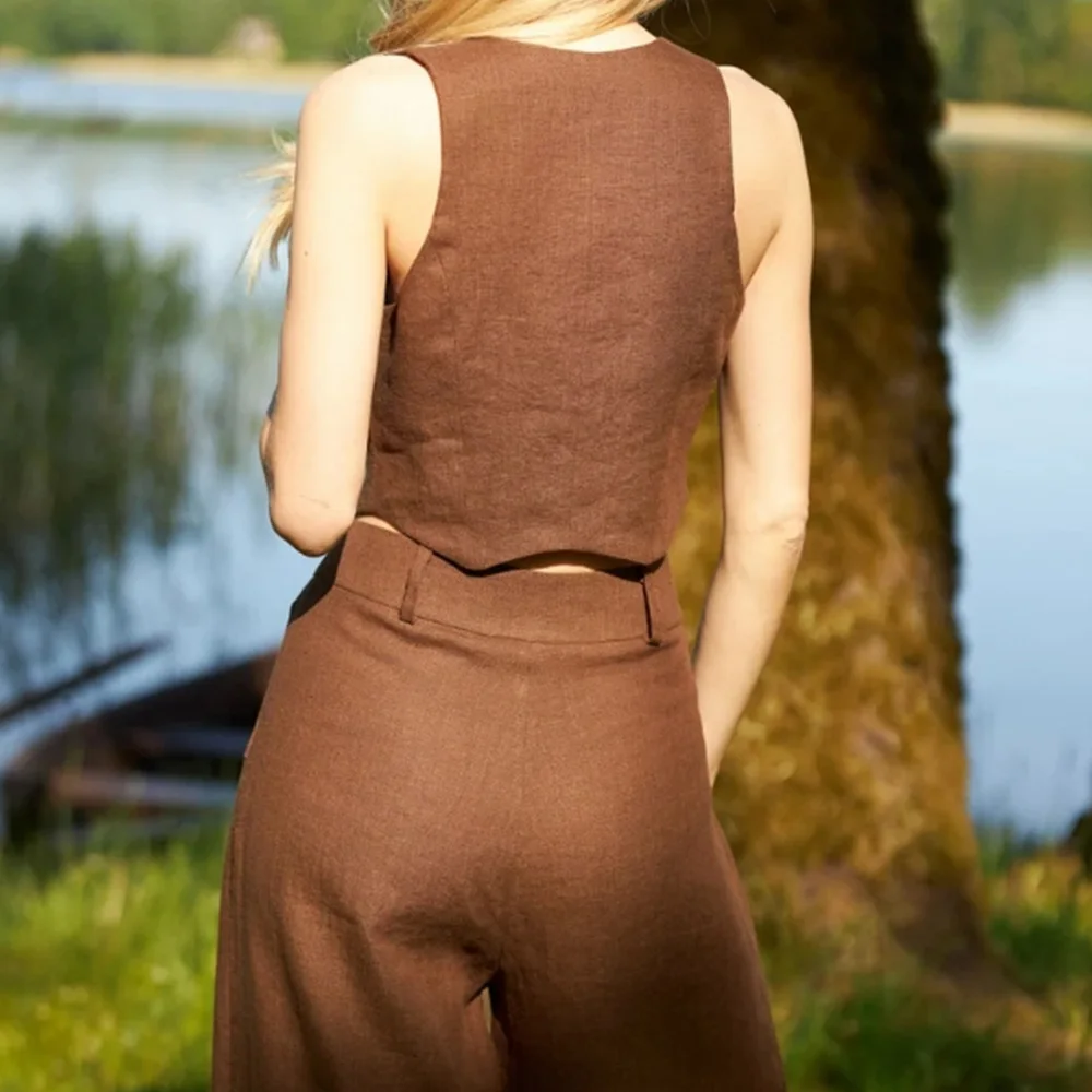 Conjunto de dos piezas para mujer, traje ajustado sin mangas, estilo corto caqui, pantalones largos sólidos, Blazer, conjuntos femeninos elegantes 2024