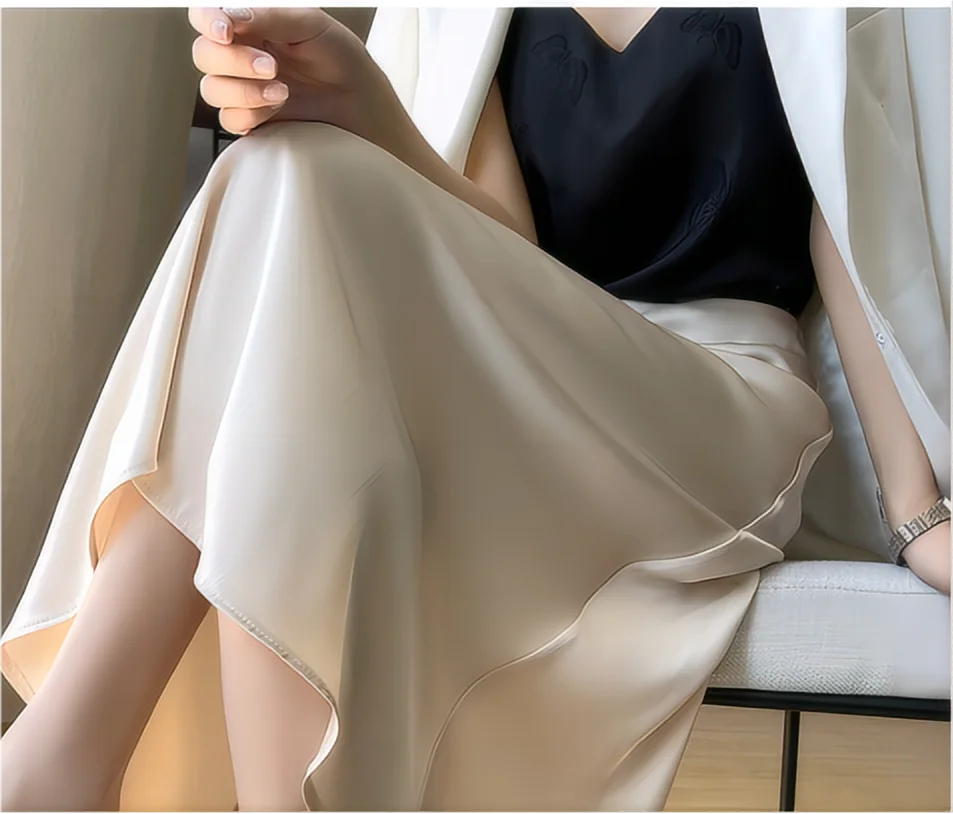 

Женская юбка А-силуэта, атласная юбка средней длины, стильная и элегантная для работы, весенне-летний стиль, с эффектом драпировки