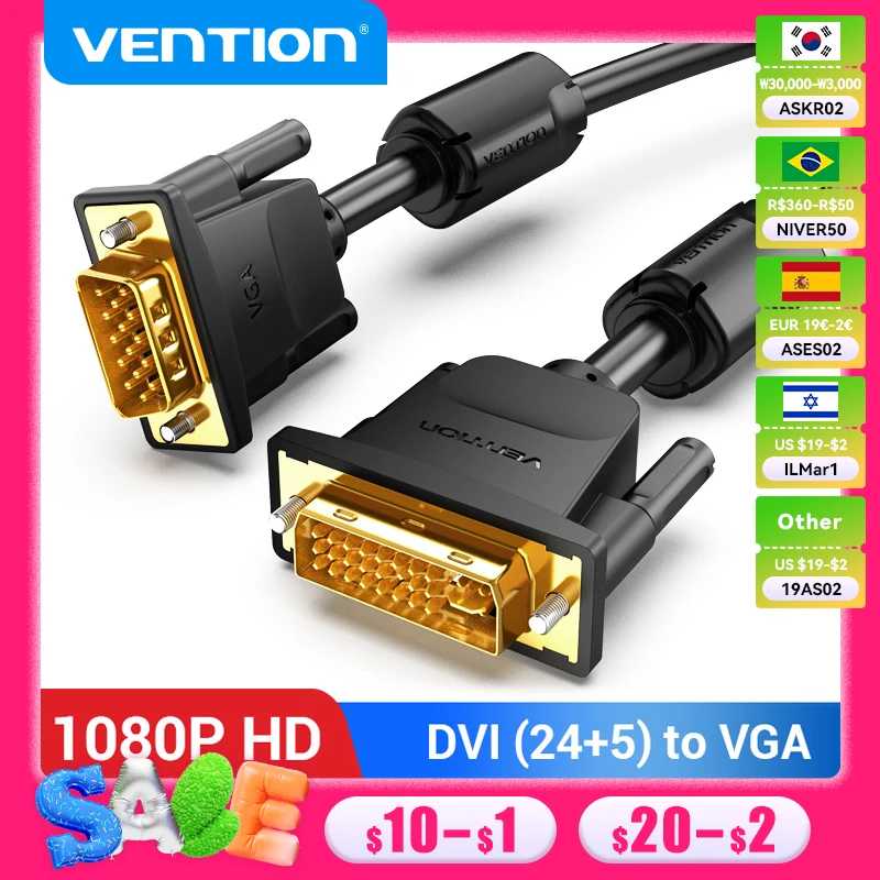 Vention DVI to VGA Cable 1080P 60Hz DVI-I 24+5 DVI Male to VGA Male Adapter Converter for Laptop Monitor Cable DVI VGA Cable