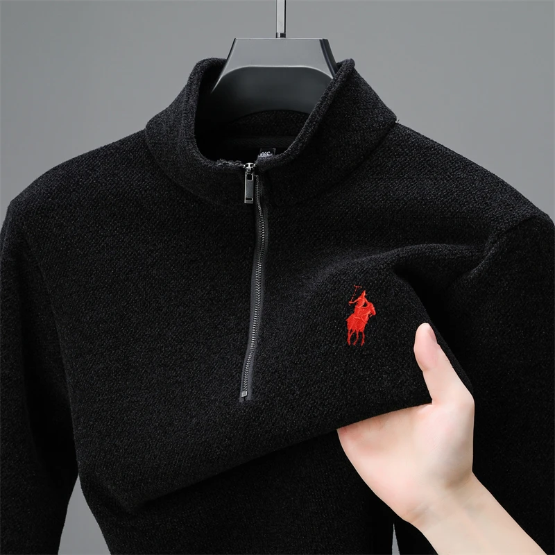 High end designer brand zipper knitted sweater men's winter new fashion exquisite pony embroidery plush warm casual pullover