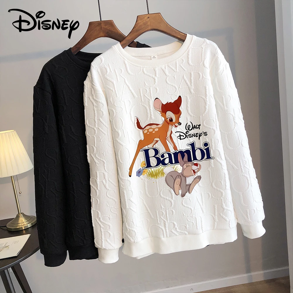 Disney 2024 Anime Cute Bambi Print Loose Sweatshirt Spring Autumn Cartoon Pullover Top Clothing