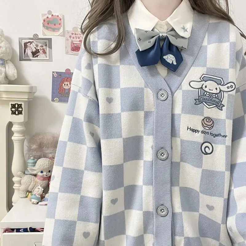 Kawaii Sanrio Cinnamoroll Plaid Sweater Cartoon My Melody Kuromi Pompom Purin Girl Cardigan Loose Top Coat Knitted Sweater Gift