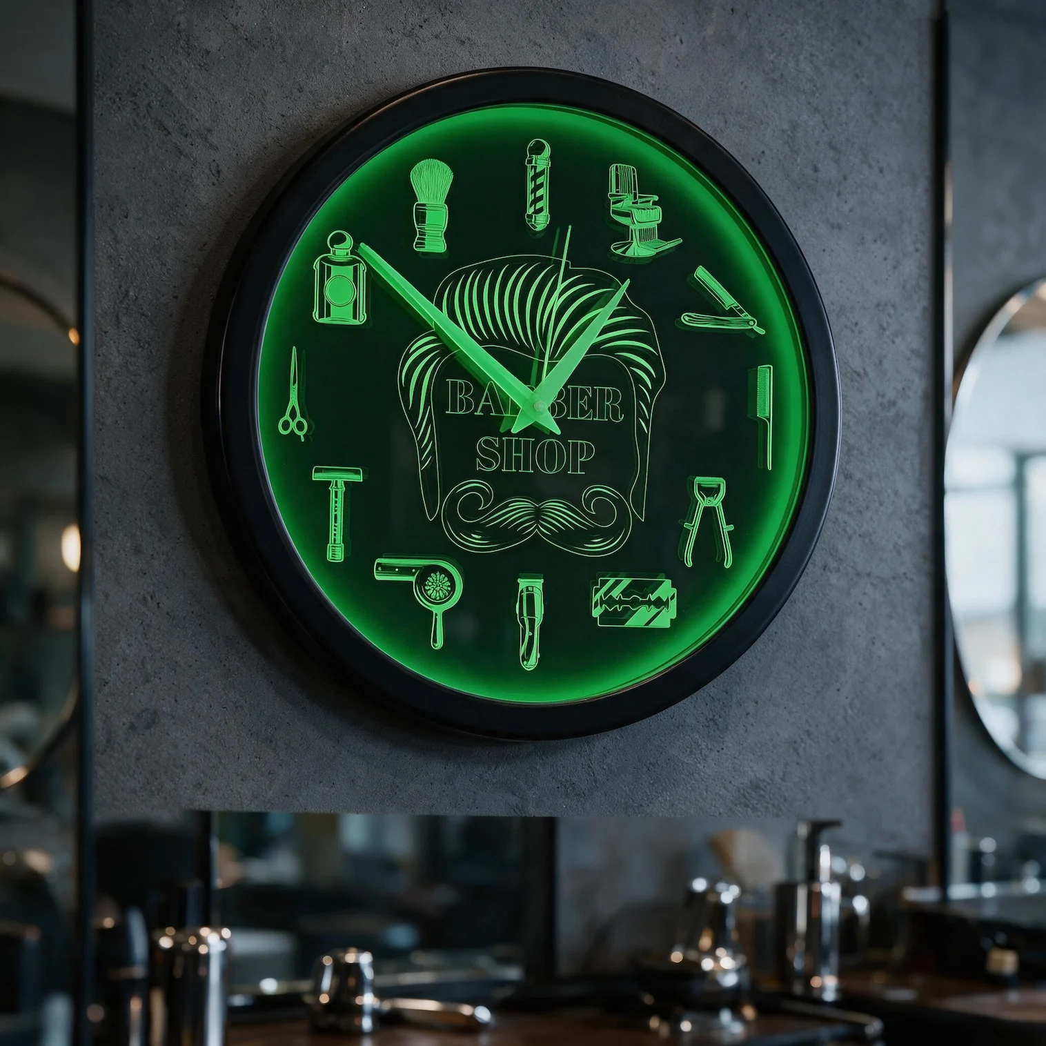 Barber Shop Neon Light Wall Clock for Hair Salon Grooming Shop Barber LED Light Sign Metal Frame Silent Non Ticking Wall Clock
