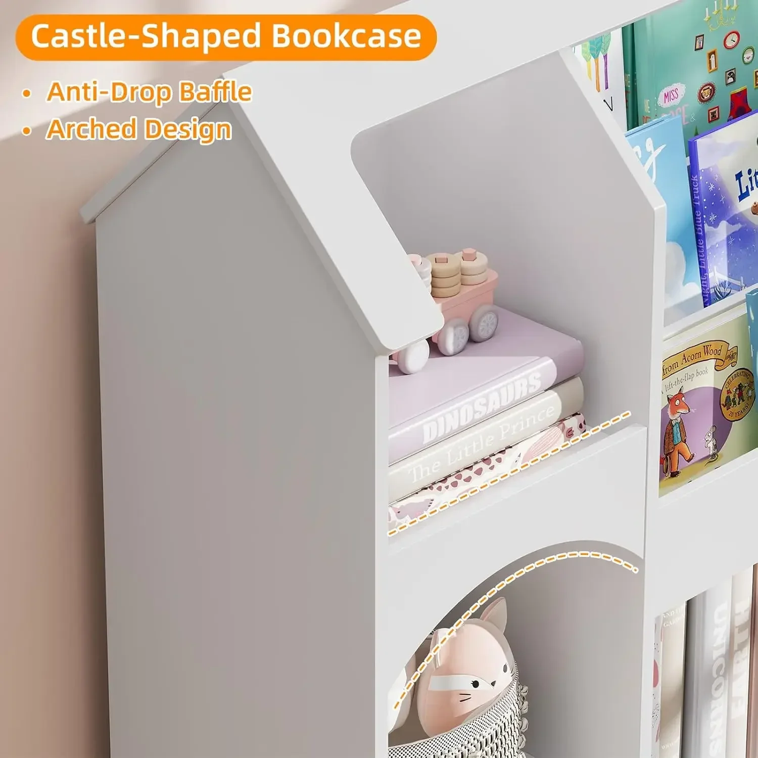 Vabches Kids Bookshelf and Toy Storage, Multi-Functional Toy Storage Organizer with 3-Tier Book Rack, Castle-Shaped Bookcase wit
