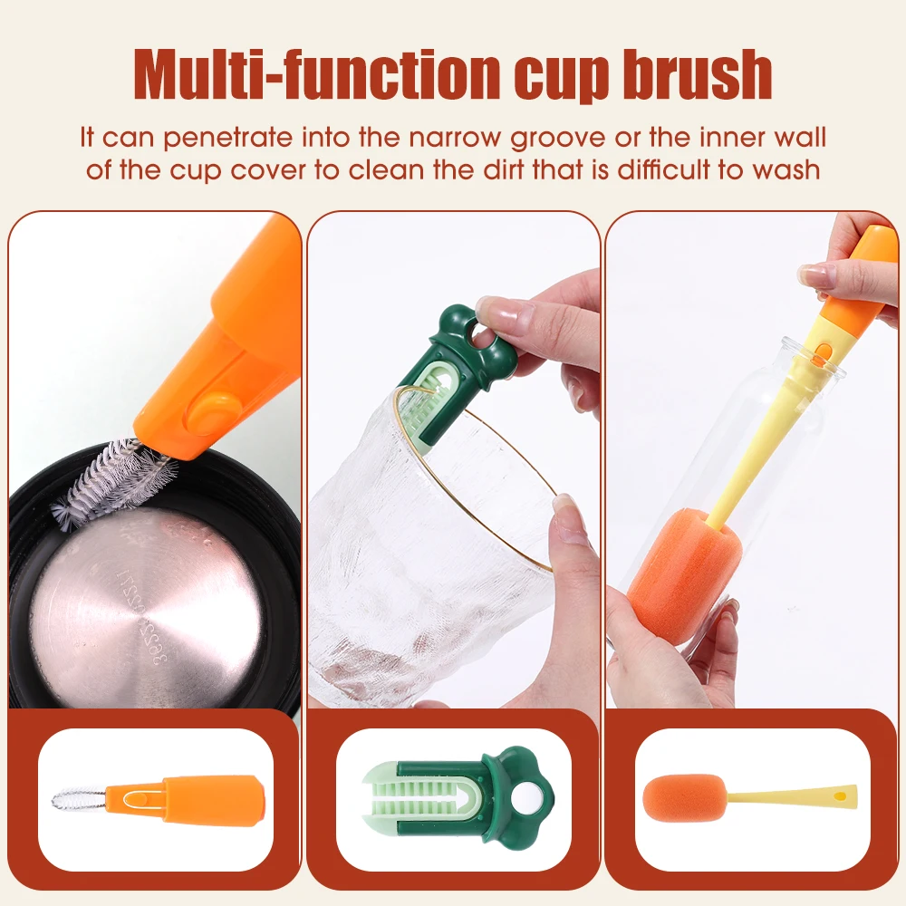 3 IN 1 Carrot Shaped Long Handle Cup Cleaning Brush Detachable Sponge Cup Brush Wineglass Bottle Cleaner Kitchen Cleaning Tool