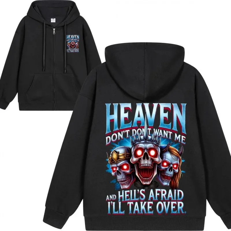 Sudadera con capucha con cremallera para hombre, sudadera con estampado de cielo e infierno, sudadera de moda de Hip Hop informal Unisex, ropa de calle de lana para Otoño e Invierno