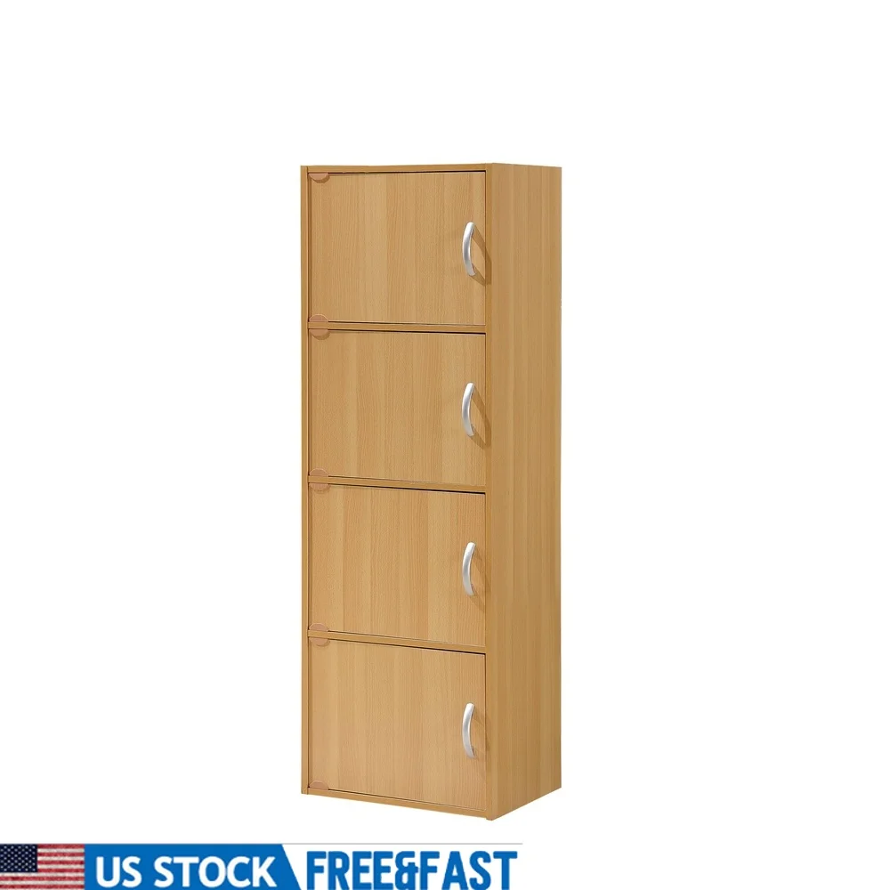 

4-Shelf 4-Door Bookcase Engineered Wood Multipurpose Storage Unit Indoor Organization Display Accent Pieces Home Furniture