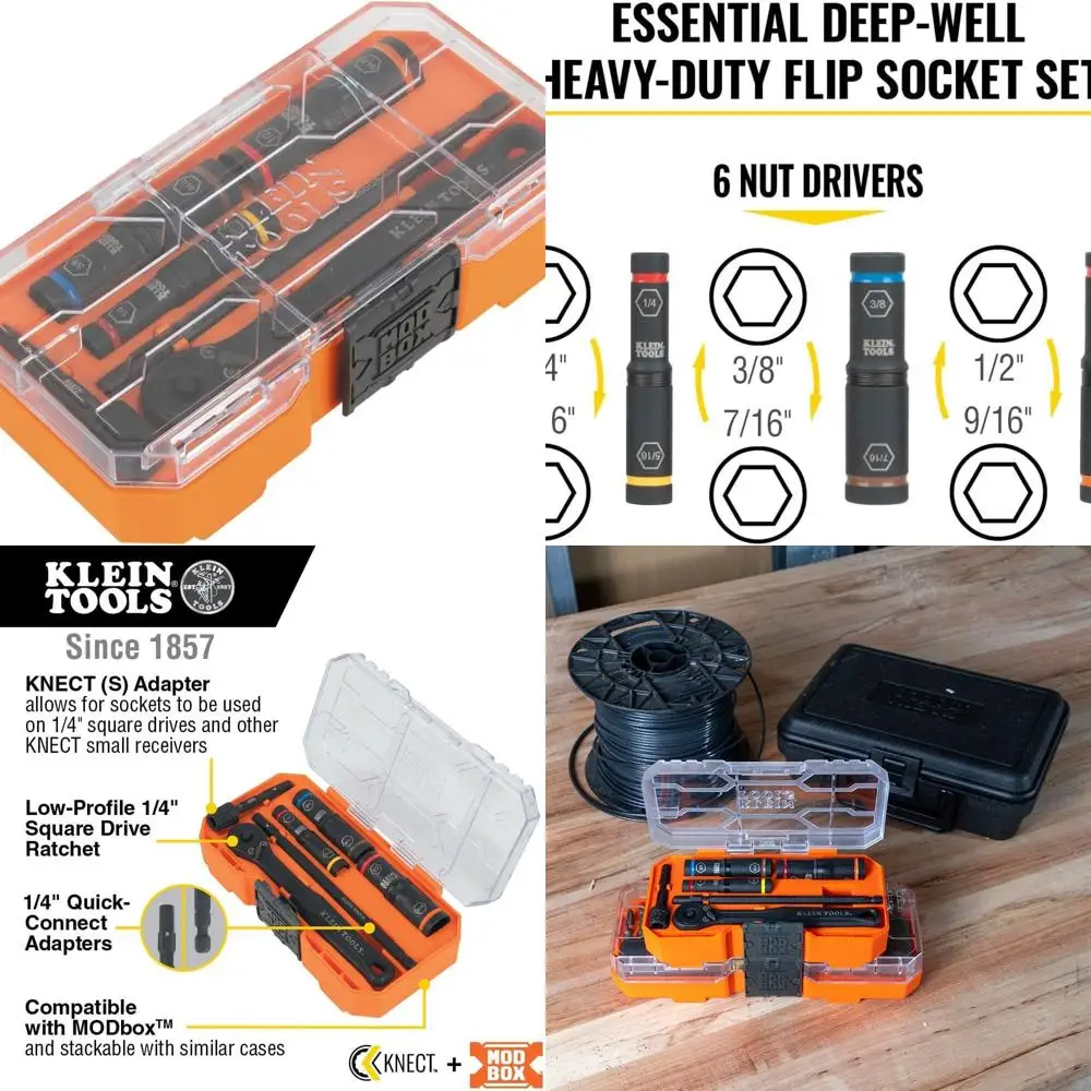 

65238 KNECT Deep Impact Socket Set with Wrench, 3 Color-Coded Flip Sockets, 6 SAE Sizes, Ratchet, Adapter, MODbox Case