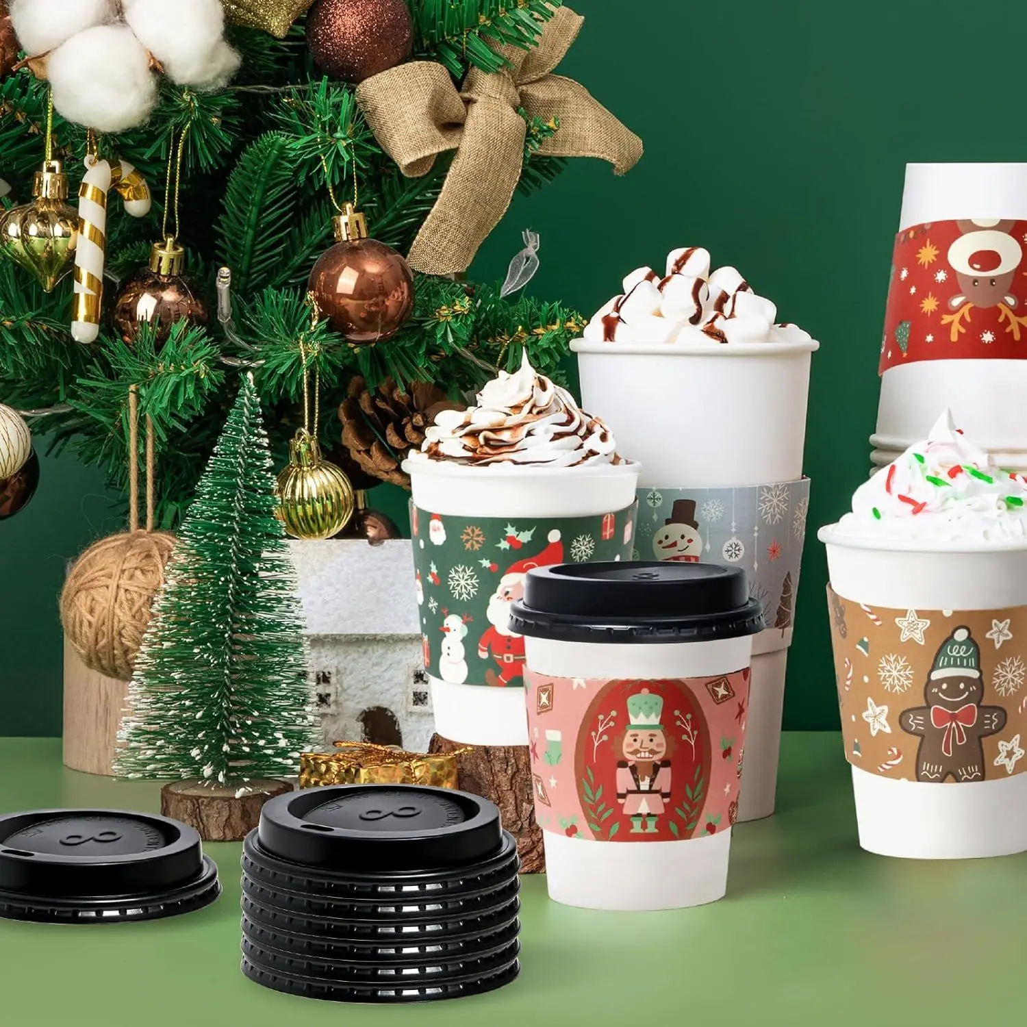50 Pack 24 oz Christmas Coffee Cups with Lids Disposable, Sleeves, Leak-Proof To Go Coffee Cups with Lids, Durable Holiday