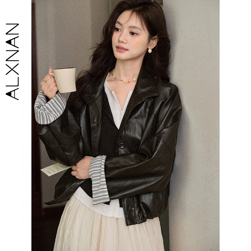 ALXNAN 黒革ジャケット女性ショートカジュアルヴィンテージストライプコントラスト袖口ジャケット 2025 秋防風ジャケット女性 L57929