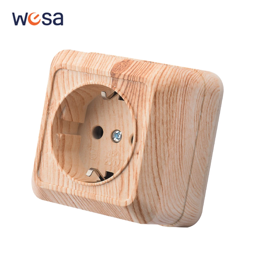 

WESA Wood Wall Surface Socket Plug EU Electrical Outlets Ground Imitation Wooden Outdoor Power Socket Flame Retardant Plastic