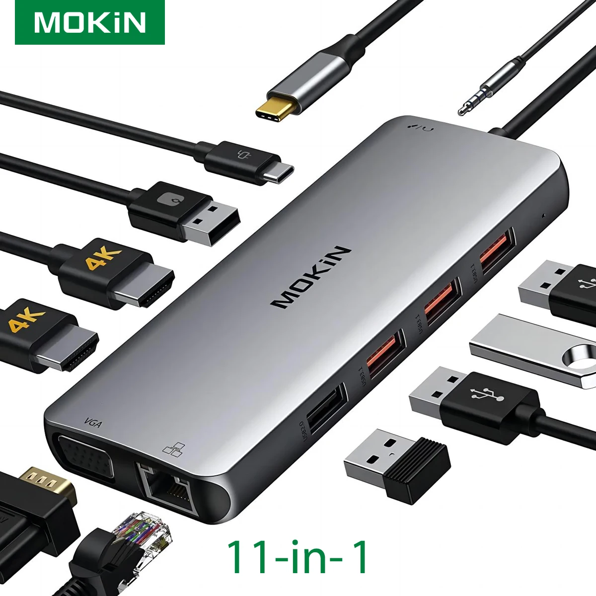 

MOKiN USB C Hub Laptop PC Docking Station with 4K HDMI 1080P VGA USB3.1 USB2.0 PD Charging RJ45 Ethernet for MacBook Pro Air