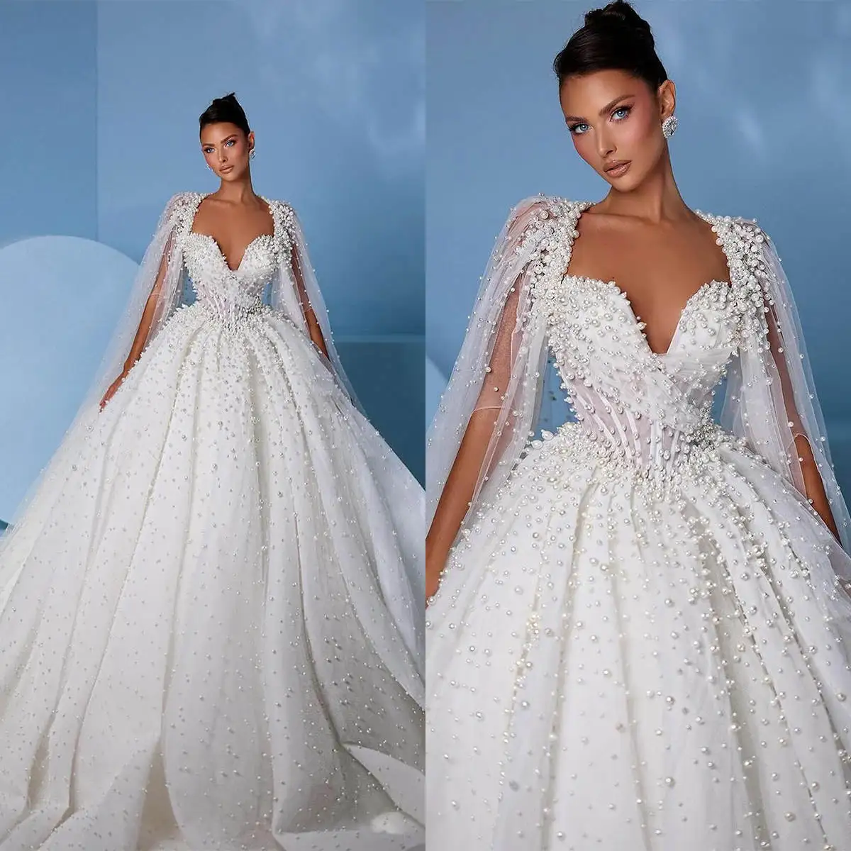 Abiti da sposa eleganti con abito da ballo Design artistico con scollo a V Abito da sposa in pizzo con perle lucide Sweep Train Abiti da sposa personalizzati