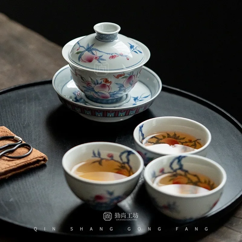 Antique Blue and White Pastel Longevity Peach Cover Bowl Tea Bowl Pot Bearing Ceramic KungFu TeaSet TeaCup Master Cup Decoration
