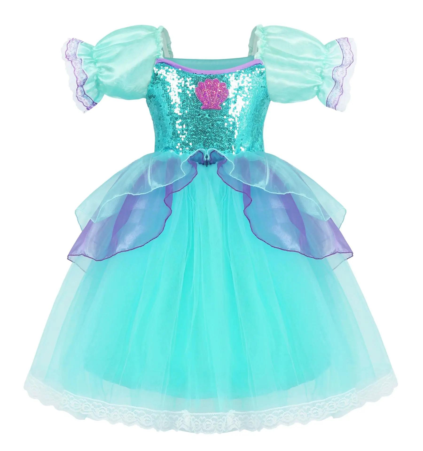 Girl Princess Ariel Dress Little Mermaid Cosplay Costume Halloween Theme Outfit Fluffy Sequin Tulle Frock Birthday Surprise Gift