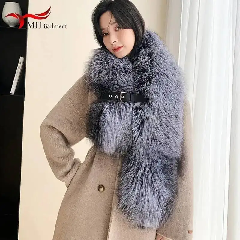 Winter Fox Fur Scarf Long Fur Collar Silver Fox Real Fur Shawl Russian Scarfs For Ladies Neck Luxury Fashion Scarves Womens