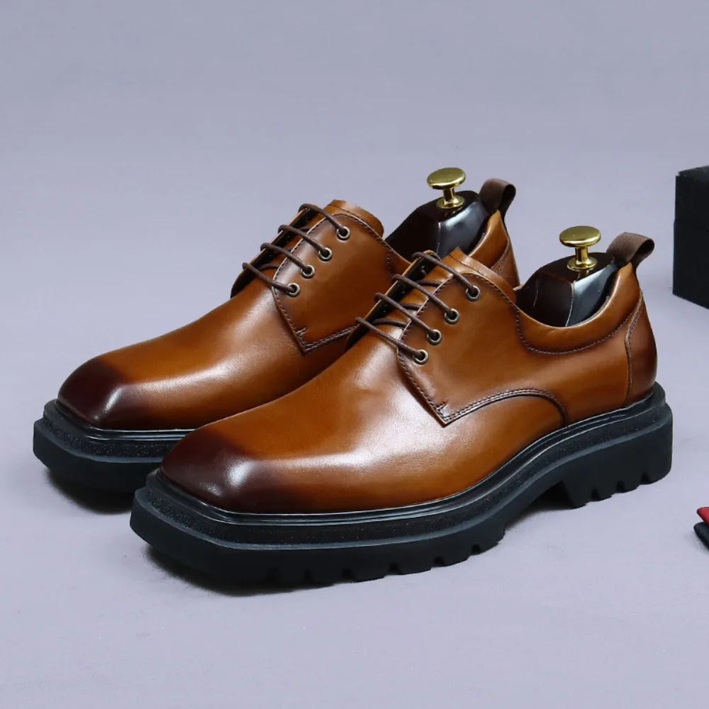 Trouwschoenen voor heren |   Echt leer met vierkante neus, Britse stijl, ademende formele casual leren schoenen met dikke zolen