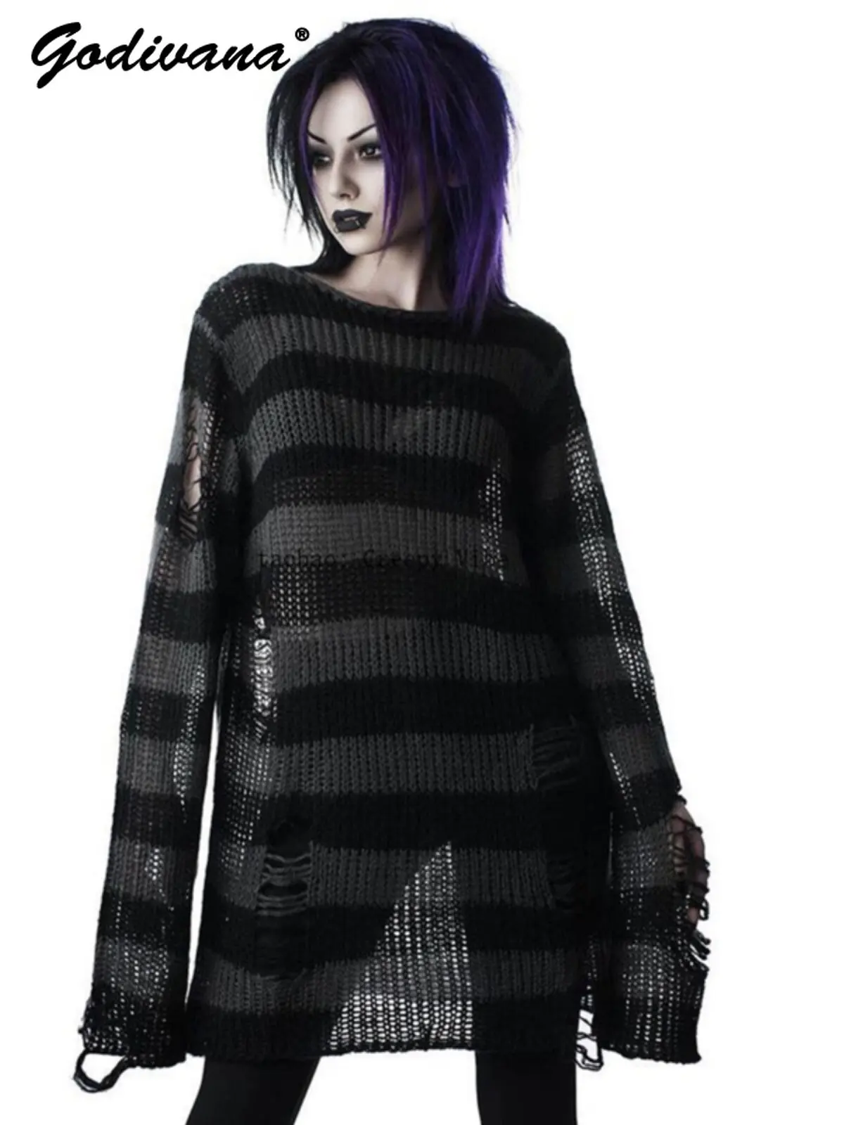 Dark Goth Oversized Striped Trendy Distressed Sweater Y2k Unisex Hole Ripped Stretch Punk Style Mid-length Knit Top