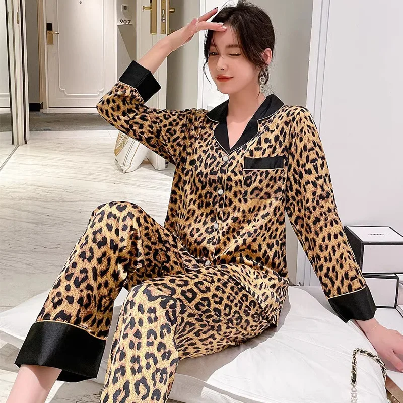 Korean Sexy Leopard Print Autumn Pajamas Women\'s Long-sleeved Suit High-end New Ice Silk Trousers Loungewear Trendy Loungewear