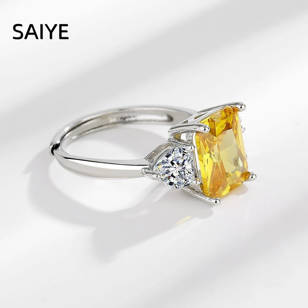 925 Sterling Silver Princess Cut Yellow Zircon Ring Women Three Stone Pear Side Stones Adjustable Wedding Fine Jewelry Gift