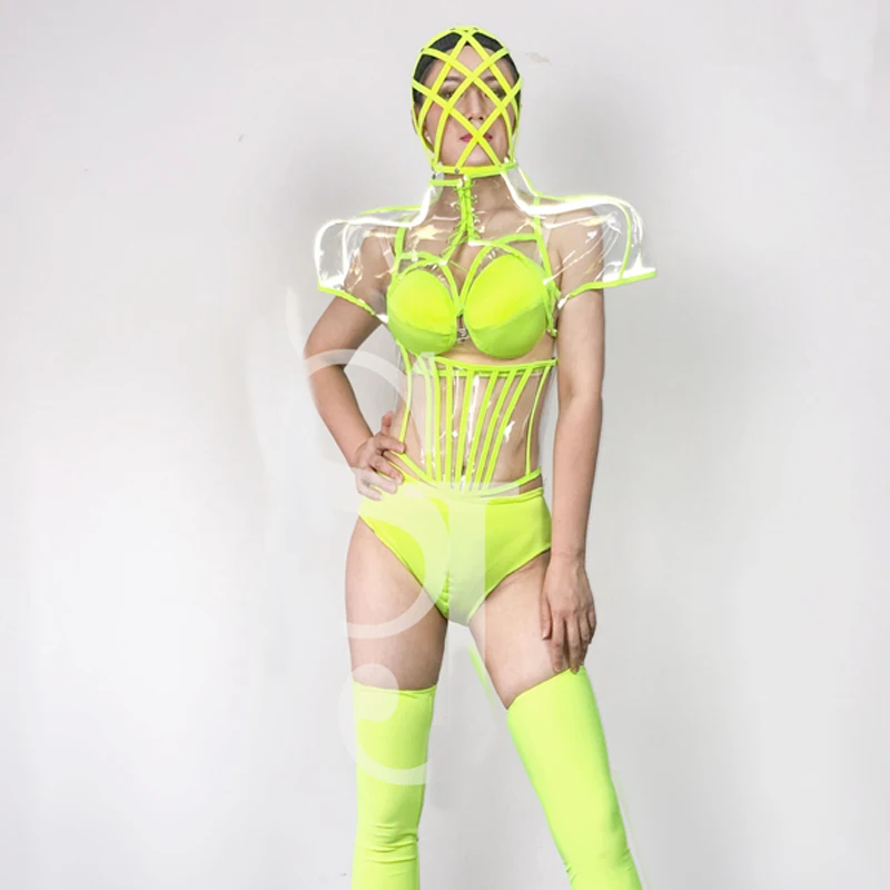 Fluorescent Yellow Bikini Bodysuit Sexy Gogo Dancer Costume Nightclub Bar Dj Festival Clothes Pole Dance Wear Rave Outfit XS3690