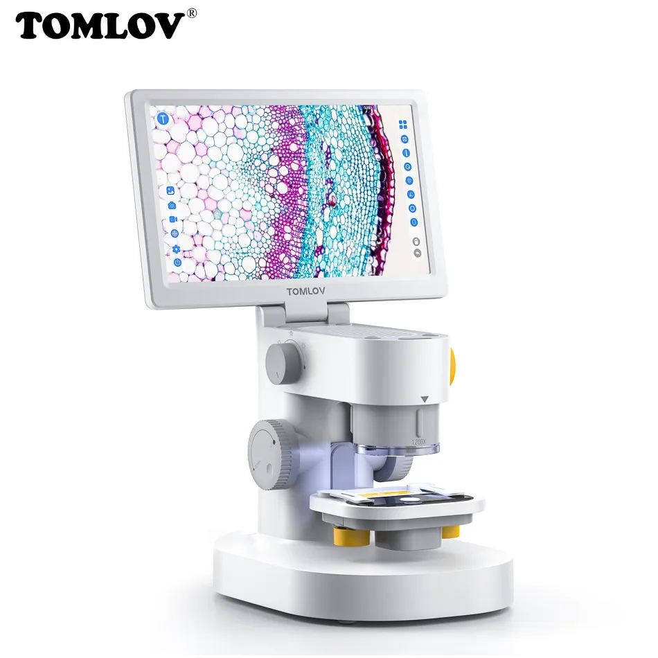 TOMLOV DM301 Digital Biological Microscope 1200X 9\'\' IPS Touchscreen 1080P Triple Camera Slides Set for Adults Kids Education