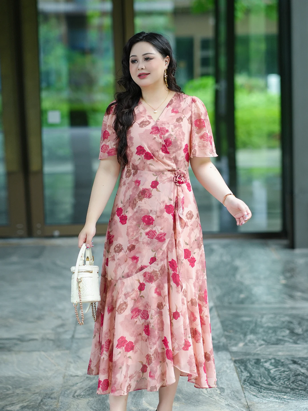 

Dave's plus Size с цветочным принтом Dr Summer New Sle Korean Sle Высокая талия A-Line Midi Dr для полных женщин V-Ne Zipper ...