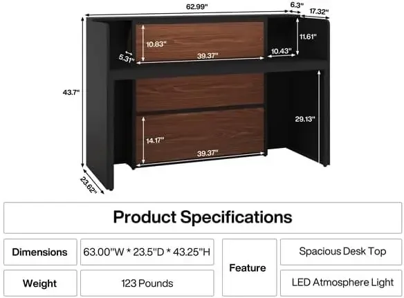 مكتب استقبال حديث مع أضواء LED، طاولة عداد أمامية 63 بوصة لغرفة الاستقبال، الردهة، صالون التجميل، البيع بالتجزئة (أسود وبني)