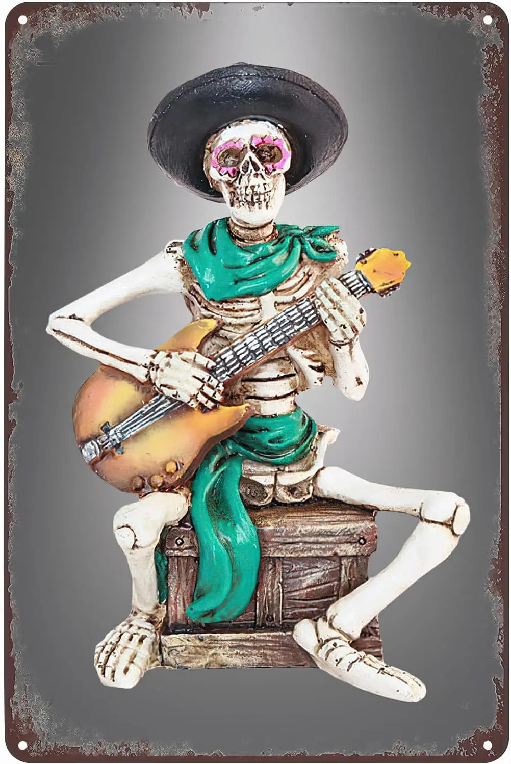 Mexico Skeleton Guitar Metal Poster Mexican Skull Day of the Dead Tin Sign Vintage Wall Art Decor Plaque for Home Bar Cafe  sign