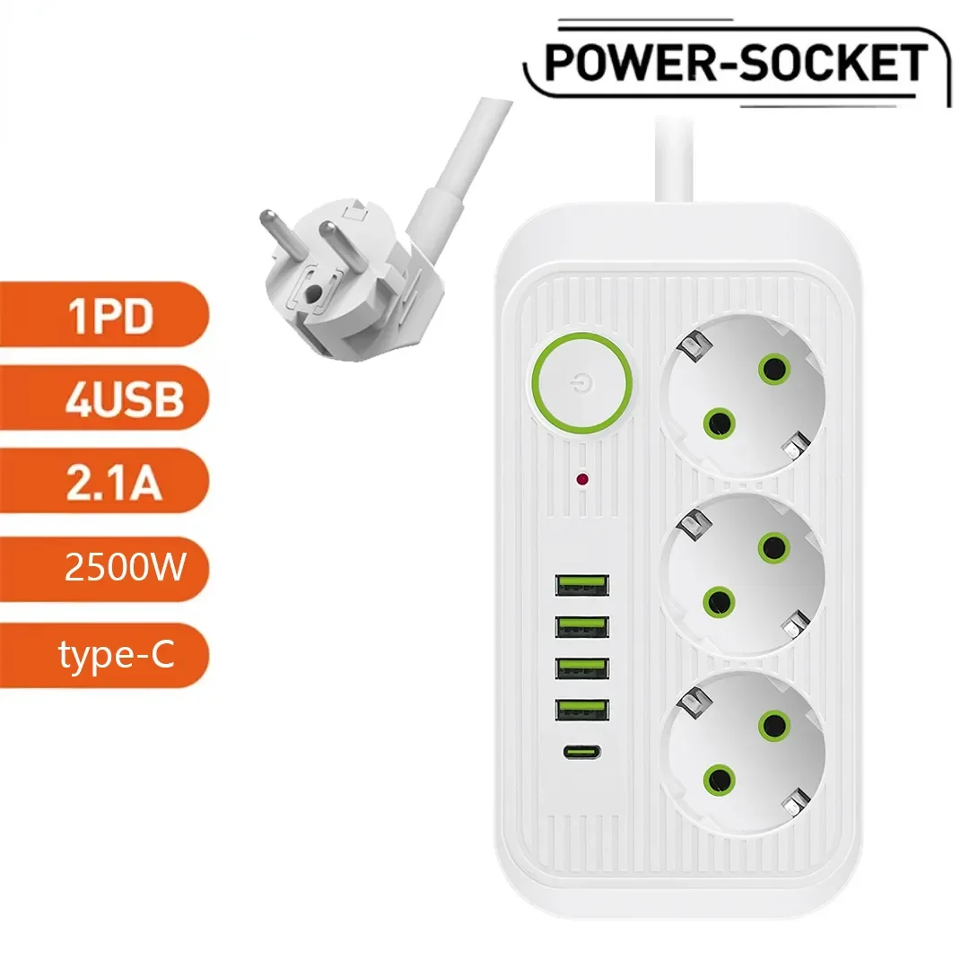 EU Plug Power Strip 2M Extension Cable Multiprise 3AC Outlets Electrical Socket with 4 USB 1 Type-C Network Filter Fast Charging