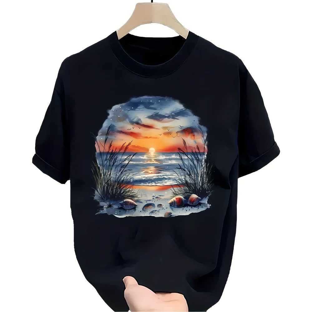 

Vibrant Seaside Sunset Colorful Beach Scene T-Shirt 100% Cotton O-Neck Short Sleeve Summer Casual Mens T-shirt Streetwear