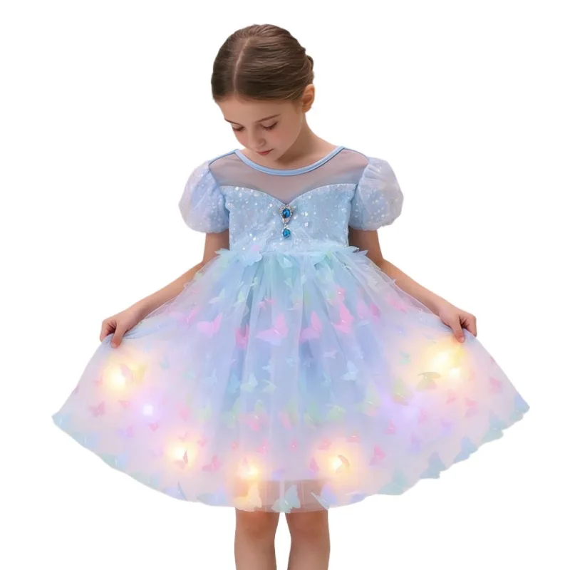 

2026 Summer Girls Embroidered Butterfly Wings Dress Children Mesh Splicing Puffy Dress Party Glowing Princess Dress 3-10T