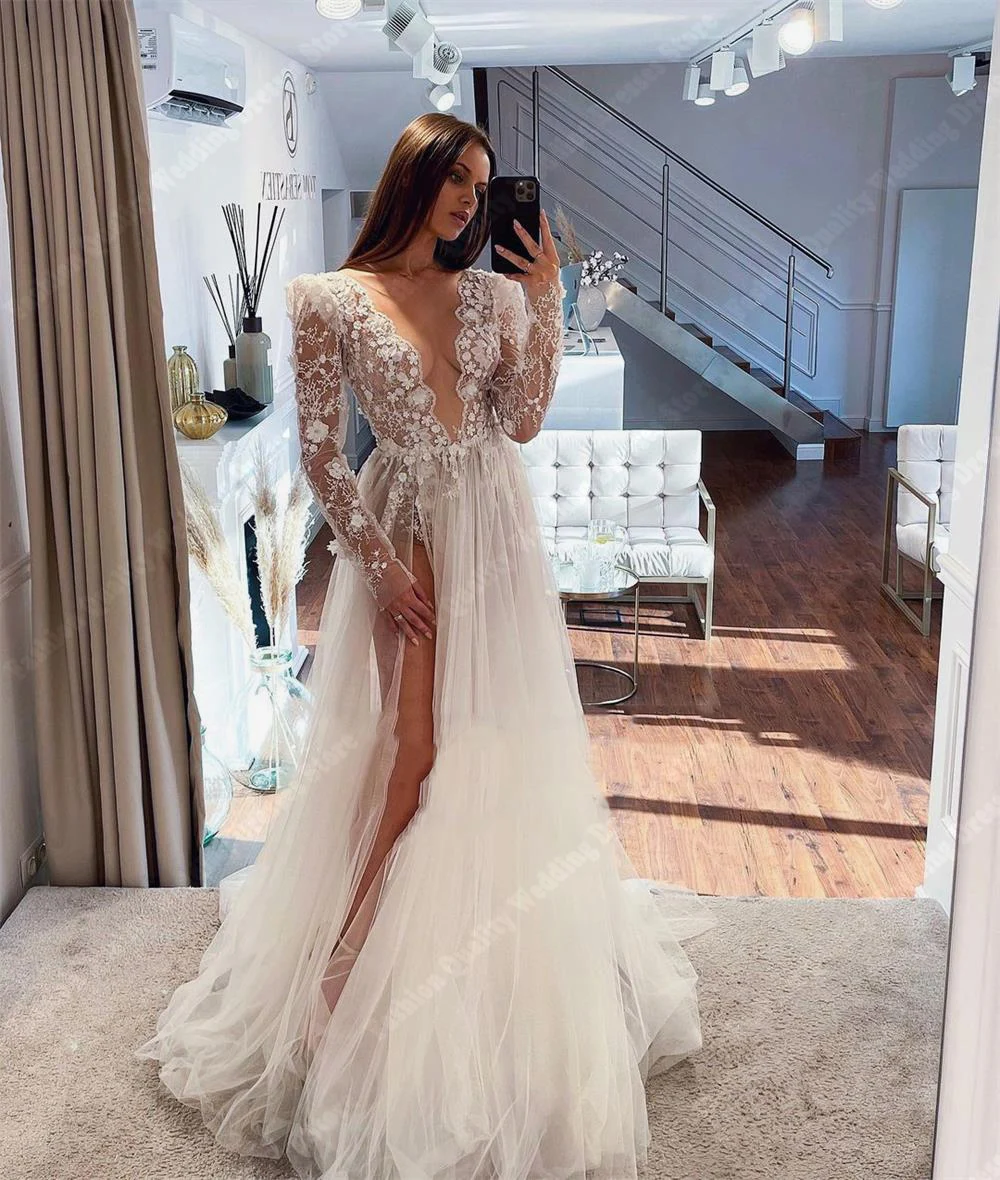 

V-Neck Long Sleeves A-Line Tulle Wedding Dresses Off Shoulder High Fork Women Bridal Gowns 2024 Mopping Length Vestido De Novias